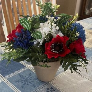 Elegant Floral Arrangement in Red, Blue, and White with Pot